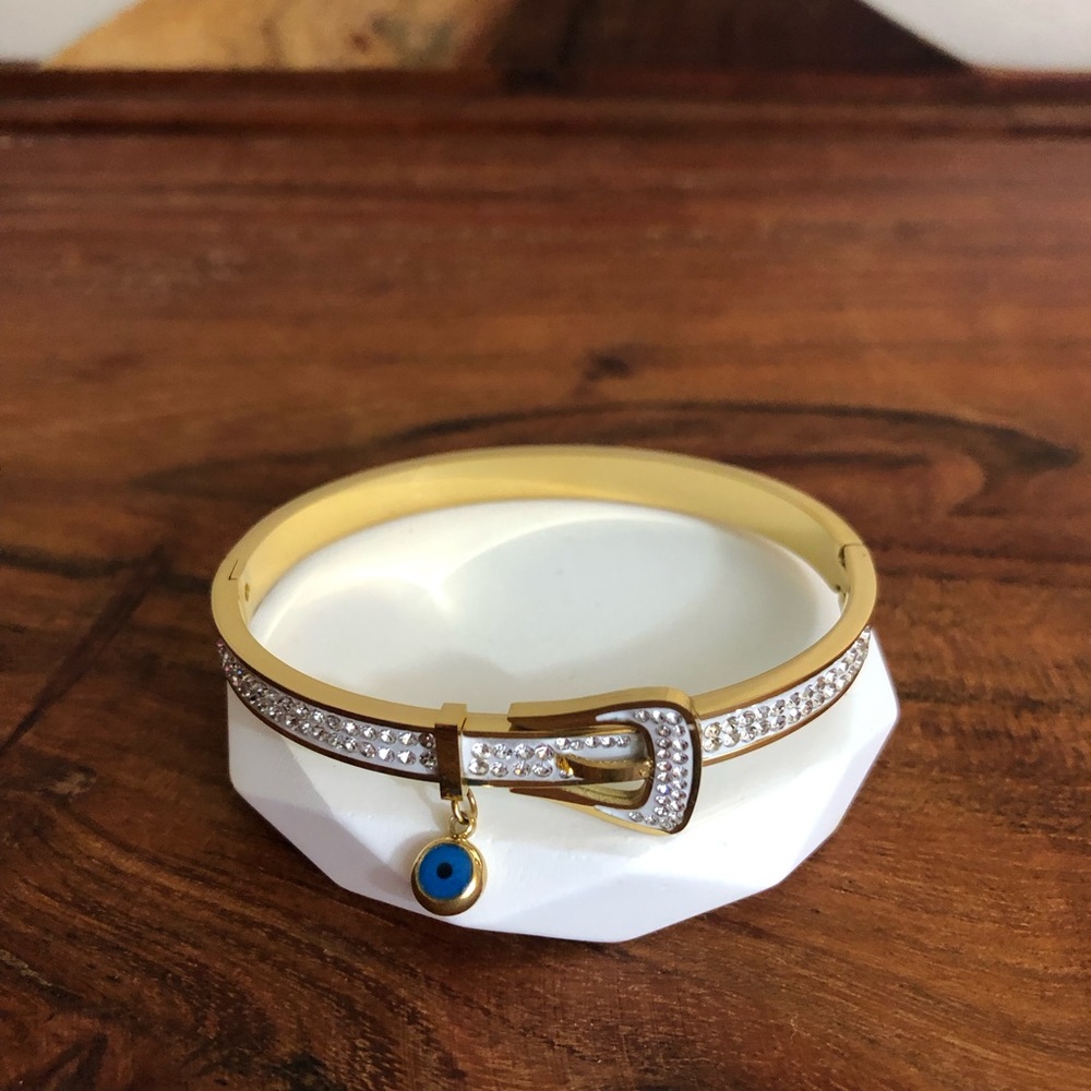 Gold Plated Stainless Steel Blue Evil Eye Belt Buckle Cuff Bangle Cubic Zirconia